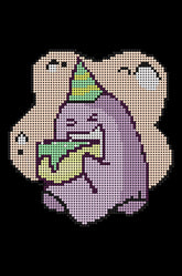 Mini small cute diamond painting kit “Cake-Loving Ghost” with pastel purple and cream tones, wearing a party hat and holding cake. Size 20x30cm, 3,421 round drills, 11 colors plus 1 AB or Fairy Dust special drill. Perfect DIY mindful art for beginners.